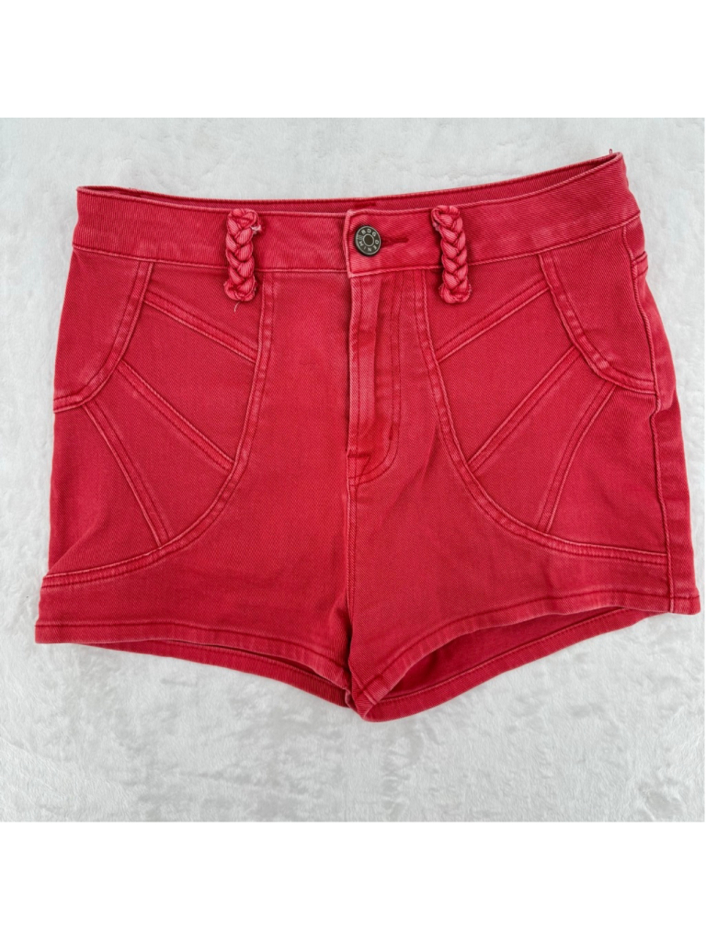 BDG Red Denim Shorts High Waisted Braided Belt Loops Anthropologie Size 28